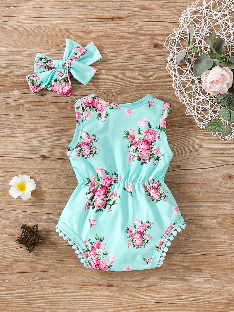 Baby Girl Floral Print Bodysuit With Headband