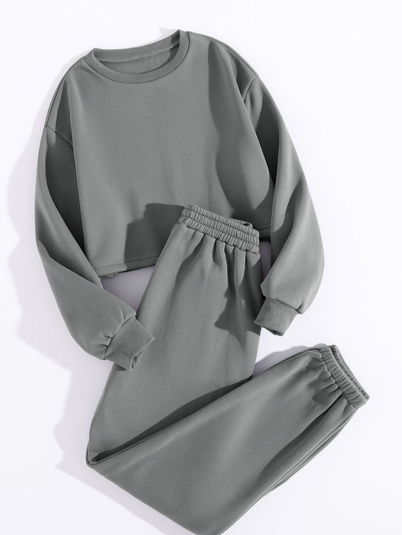 Thermal Lined Solid Sweatshirt With Sweatpants