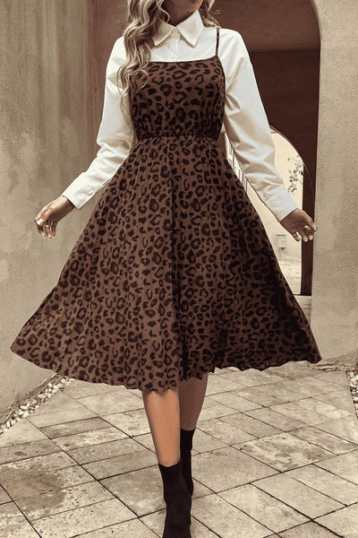 Leopard Print Spaghetti Straps Straight Neck Midi Dress