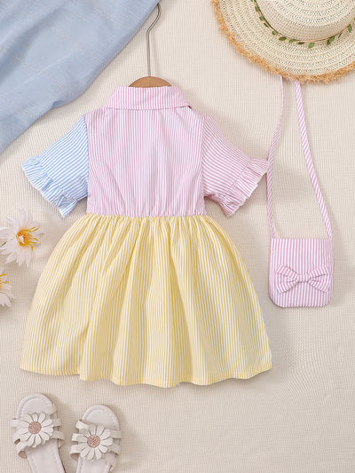 Baby Girl Striped Print Colorblock Flounce Sleeve Shirt Dress With Accessory Bag