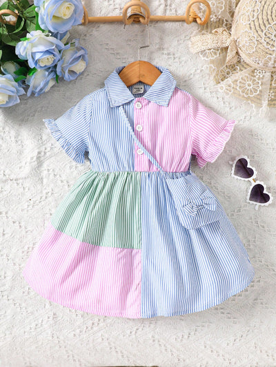 Baby Girl Striped Print Colorblock Flounce Sleeve Shirt Dress With Accessory Bag