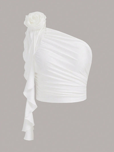 ICON 3D Rosette One Shoulder Ruched Ruffle Trim Mesh Top