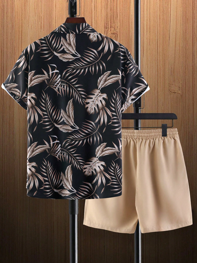 Manfinity RSRT Men Tropical Print Shirt & Drawstring Waist Shorts Without Tee