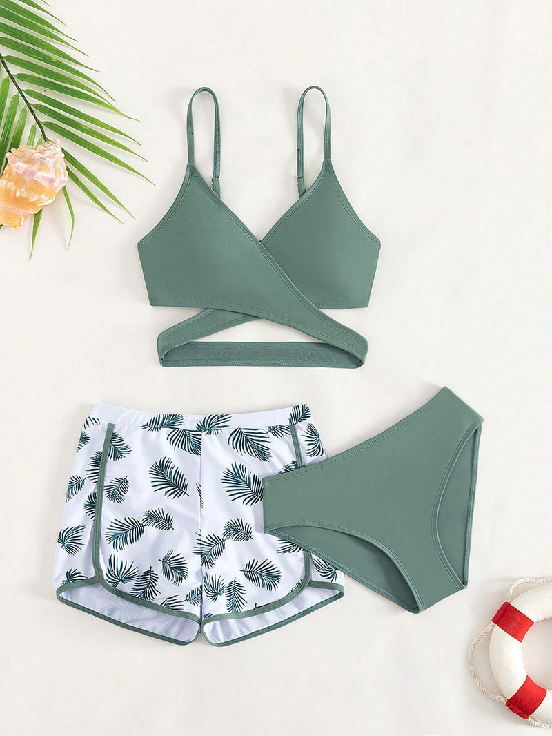 Teen Girls Tropical Print Wrap Bikini Swimsuit With Swim Shorts