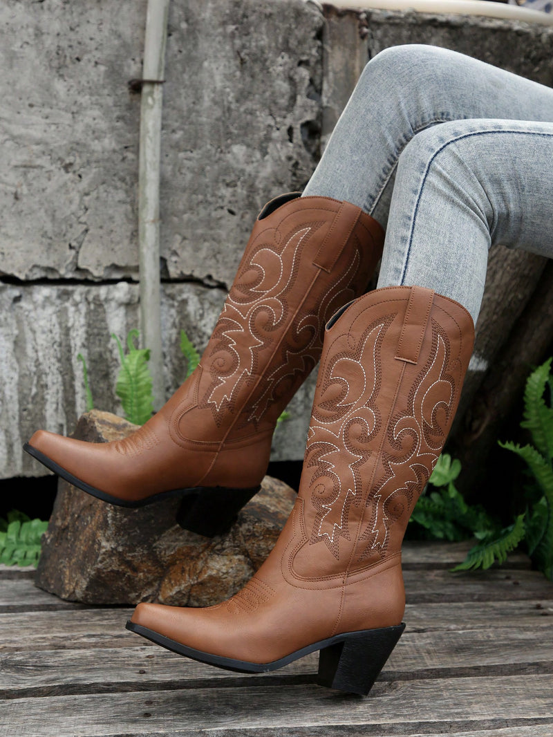 Women Embroidery Detail Slip On Western Boots, Vacation Outdoor Fashion Boots