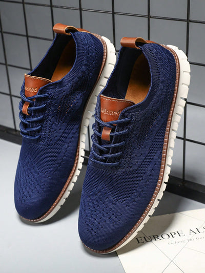 Plus Size Knitted Sports Casual Shoes, Men's Wingtip Oxford Breathable Lightweight Business & Casual Shoes