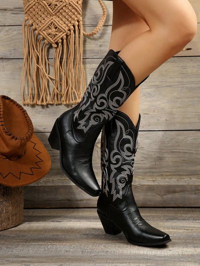 Women Embroidery Detail Slip On Western Boots, Vacation Outdoor Fashion Boots