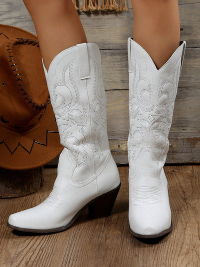 Women Embroidery Detail Slip On Western Boots, Vacation Outdoor Fashion Boots