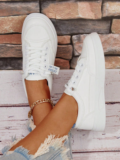 Sporty Women White Solid Letter Patch Decor Skate Shoes, Preppy Lace-up Front Fashion Casual Shoes
