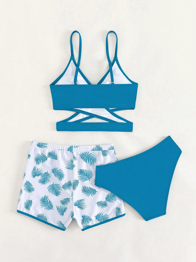 Teen Girls Tropical Print Wrap Bikini Swimsuit With Swim Shorts