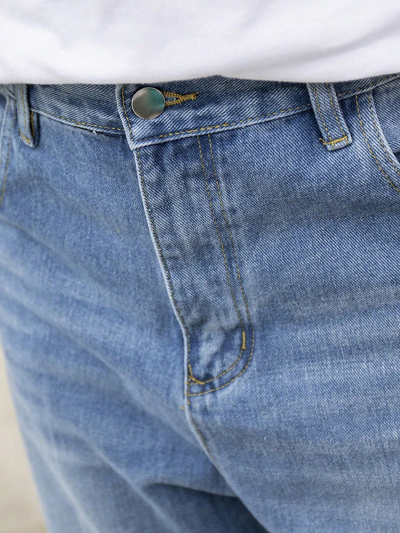 Men Cotton Slant Pocket Straight Leg Jeans