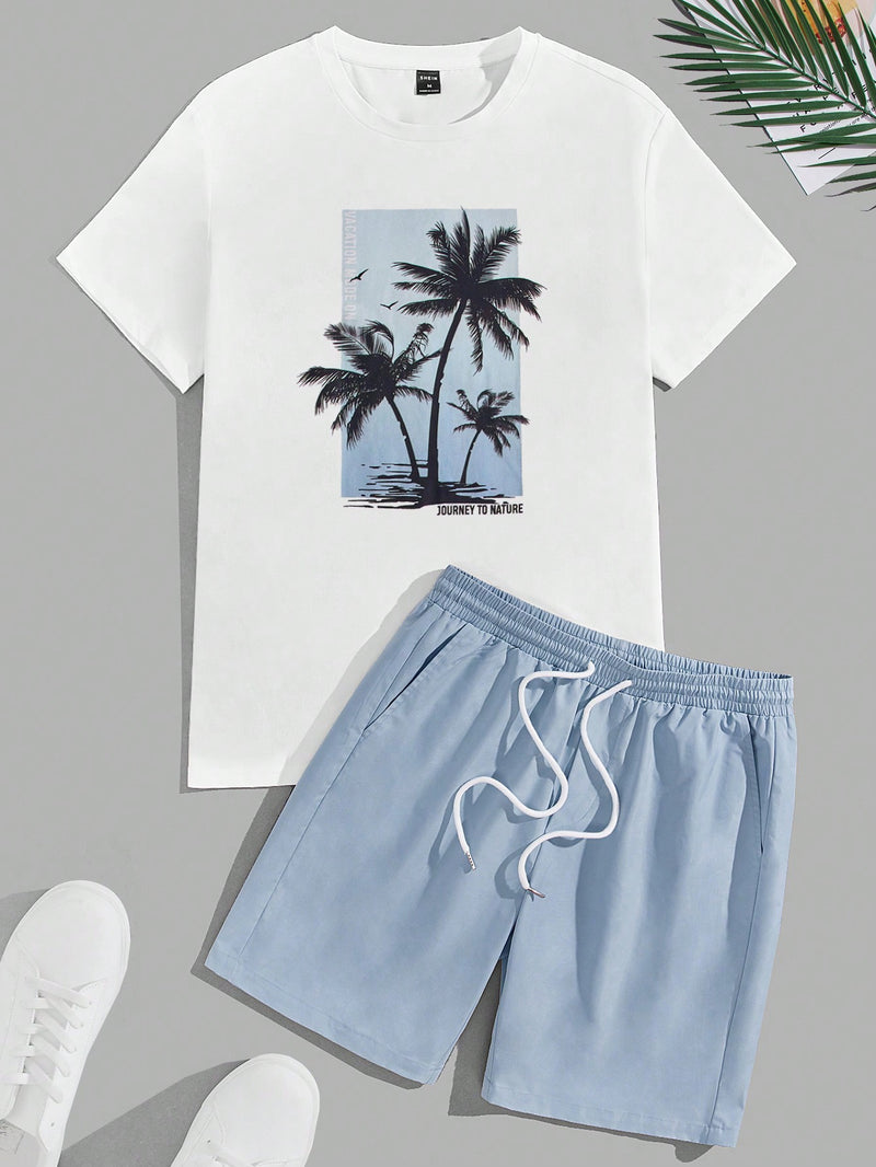 Manfinity Chillmode Men Tropical Print Tee & Drawstring Waist Shorts
