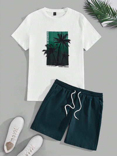 Manfinity Chillmode Men Tropical Print Tee & Drawstring Waist Shorts