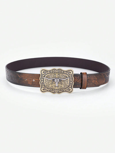 1pc Men’s Western Style Belt With Large Buckle, Pressed Flower & Distressed Finish, Fashionable & Casual
