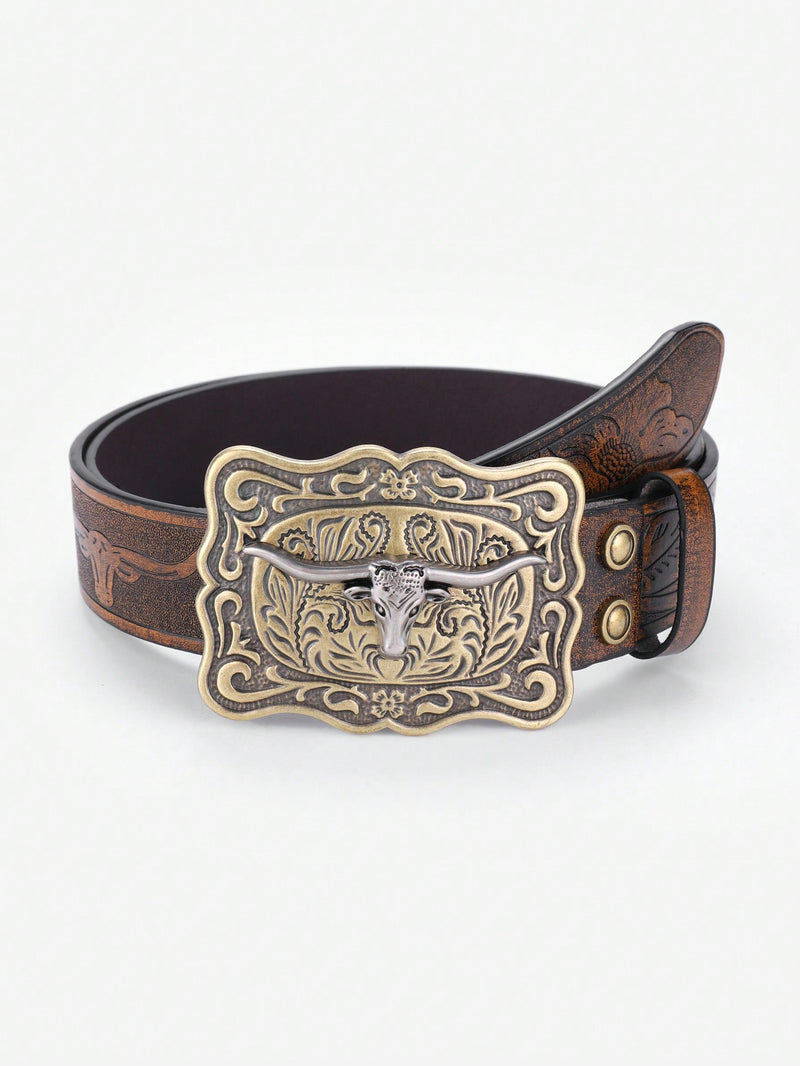 1pc Men’s Western Style Belt With Large Buckle, Pressed Flower & Distressed Finish, Fashionable & Casual