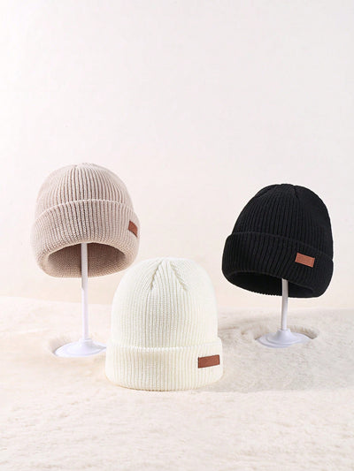 3 Pack Unisex Leather Patch Winter Cap Beanies Knitted Cuff Hats Caps Roll-up Edge Beanie Hats for Men Outdoors