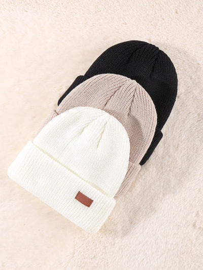 3 Pack Unisex Leather Patch Winter Cap Beanies Knitted Cuff Hats Caps Roll-up Edge Beanie Hats for Men Outdoors