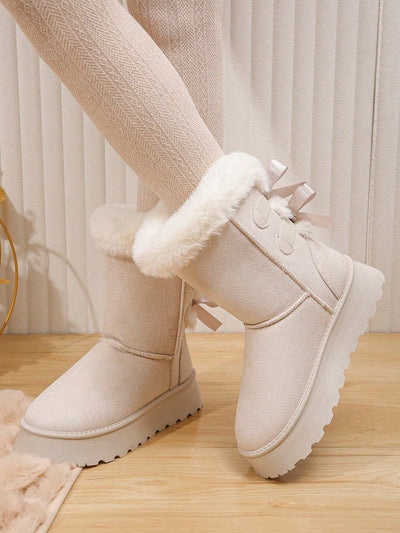 2023 New Winter Thick-soled Women's Mid-calf Snow Boots With Fleece, Keep Warm, Bowknot, Large Size