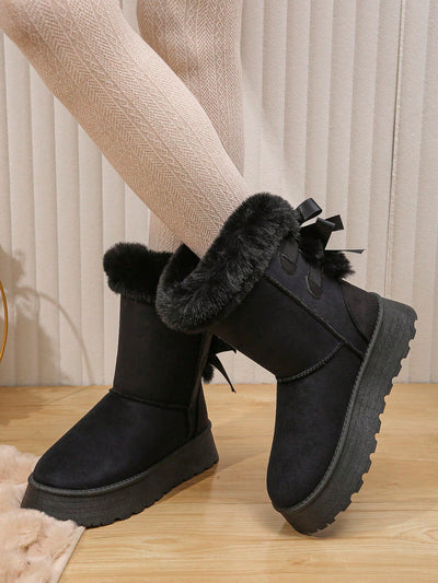 2023 New Winter Thick-soled Women's Mid-calf Snow Boots With Fleece, Keep Warm, Bowknot, Large Size