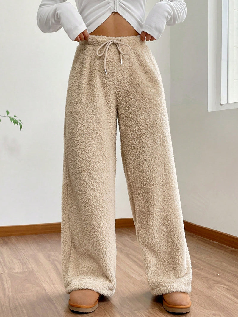 EZwear Drawstring Waist Teddy Wide Leg Pants