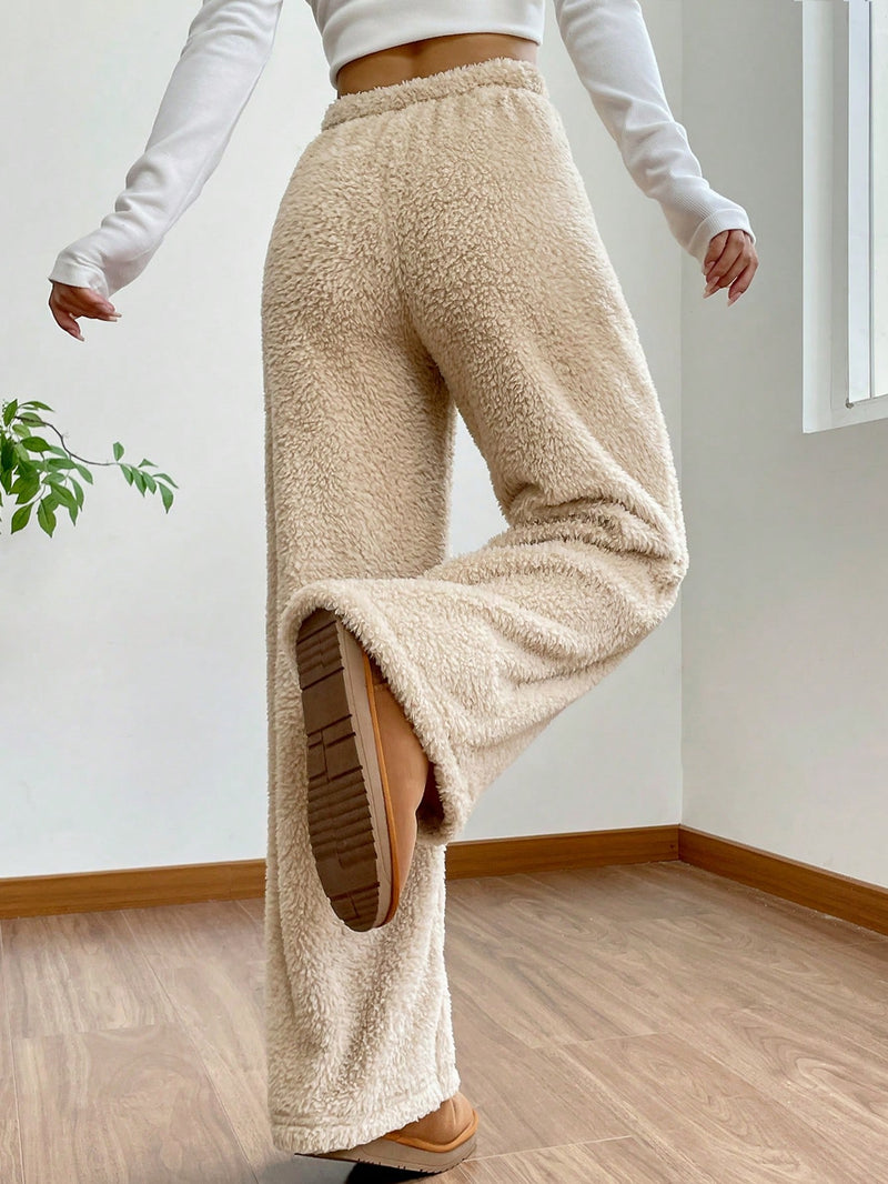 EZwear Drawstring Waist Teddy Wide Leg Pants