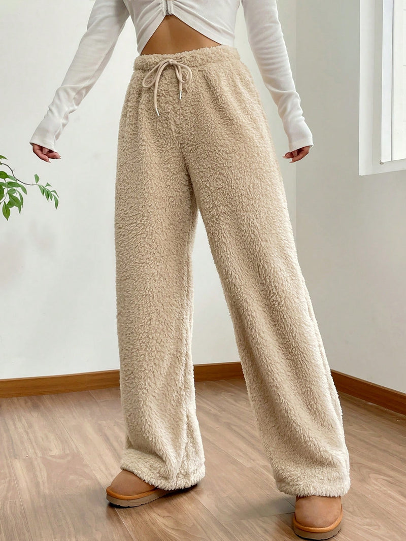 EZwear Drawstring Waist Teddy Wide Leg Pants