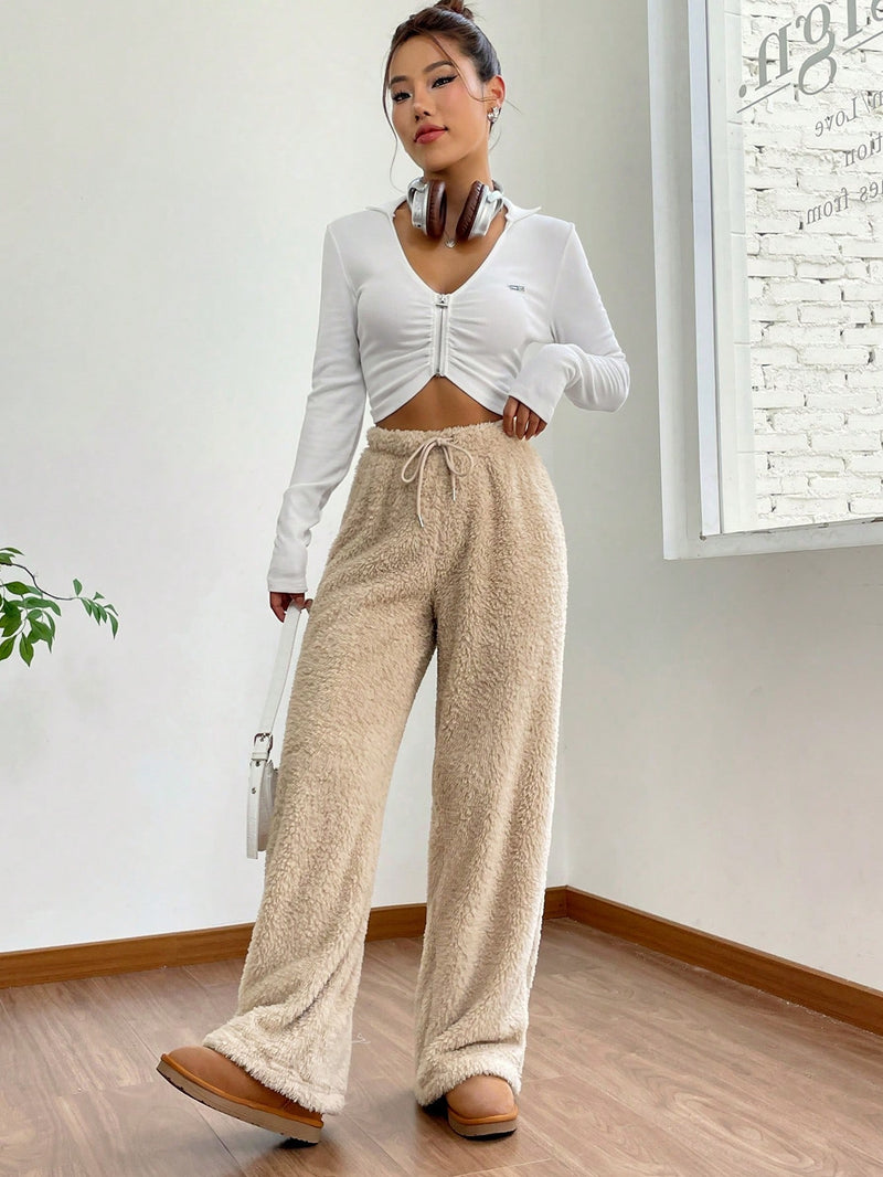 EZwear Drawstring Waist Teddy Wide Leg Pants