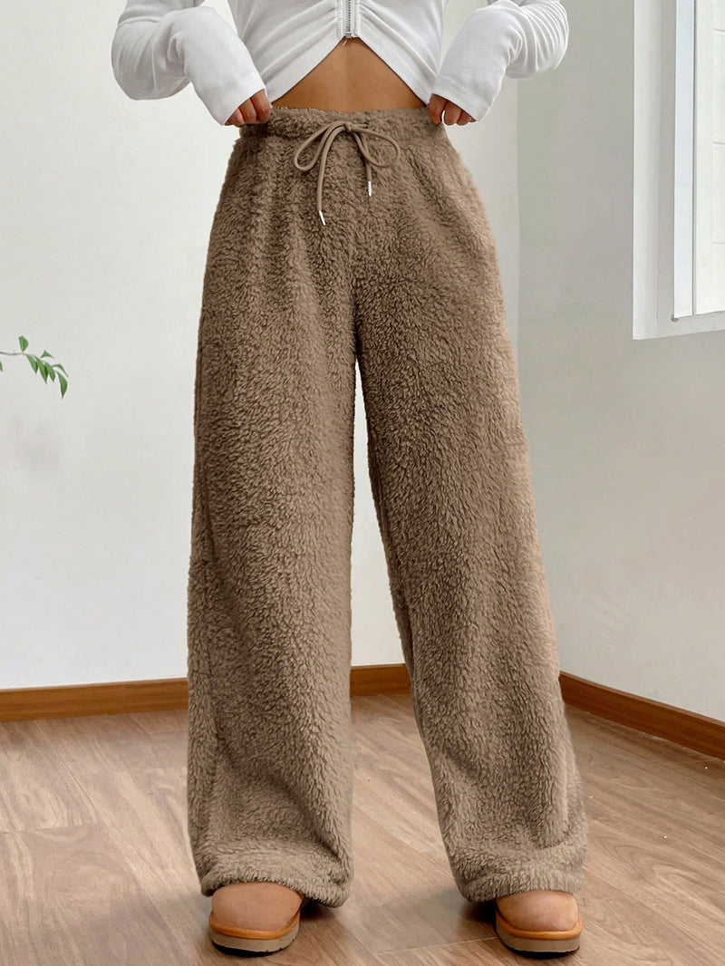 EZwear Drawstring Waist Teddy Wide Leg Pants