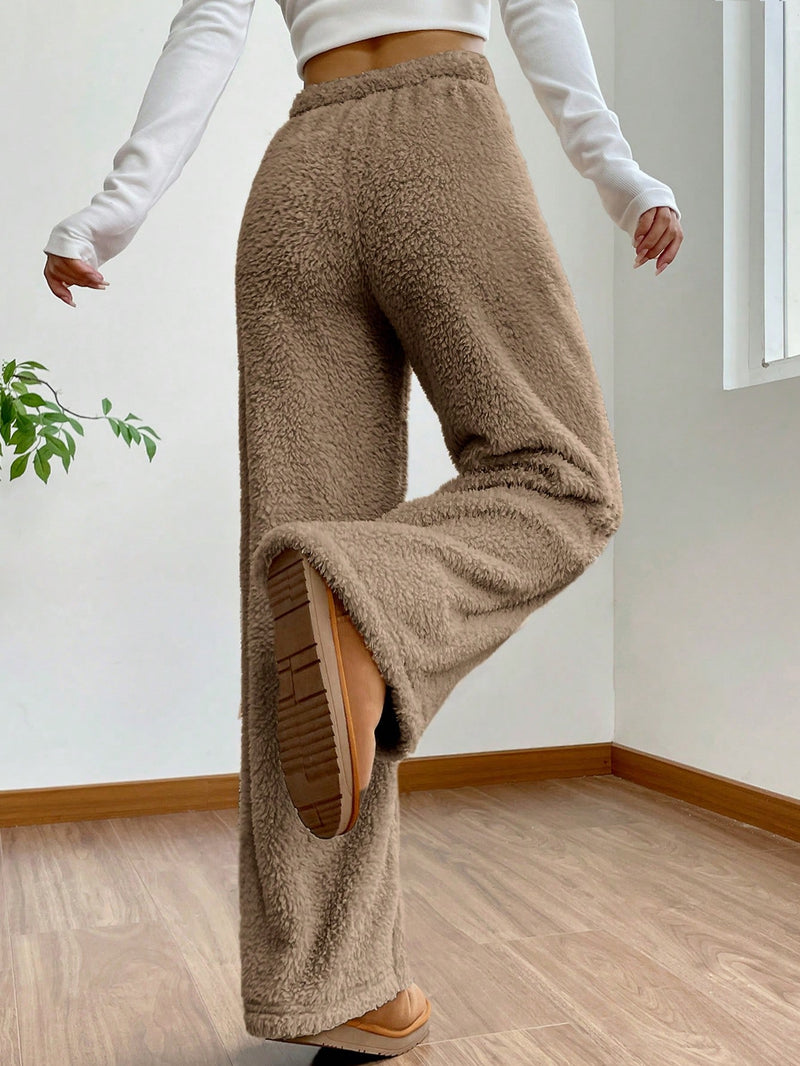 EZwear Drawstring Waist Teddy Wide Leg Pants