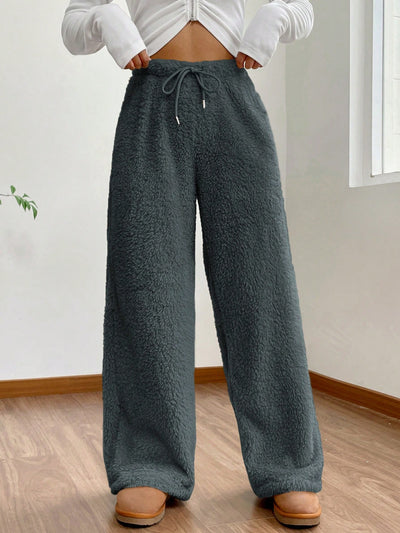 EZwear Drawstring Waist Teddy Wide Leg Pants