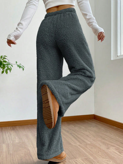 EZwear Drawstring Waist Teddy Wide Leg Pants