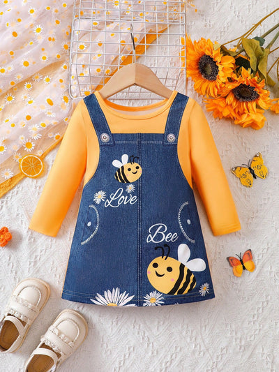 Baby Girl Bee Pattern Round Neck Long Sleeve Casual A-line Dress Spring And Autumn