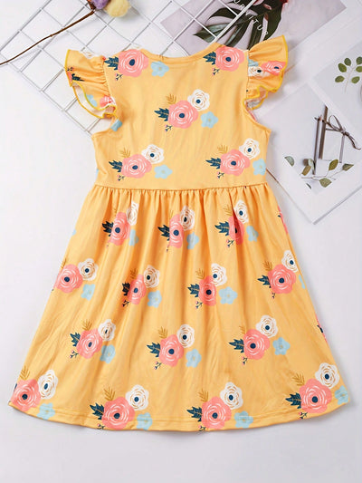 3pcs Sweet Girls Flora Print Flutter Trim Sleeveless Dress Summer Clothes Toddler Girls