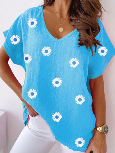 LUNE Plus Size Casual Daisy Print V-Neck T-Shirt