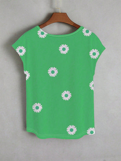 LUNE Plus Size Casual Daisy Print V-Neck T-Shirt