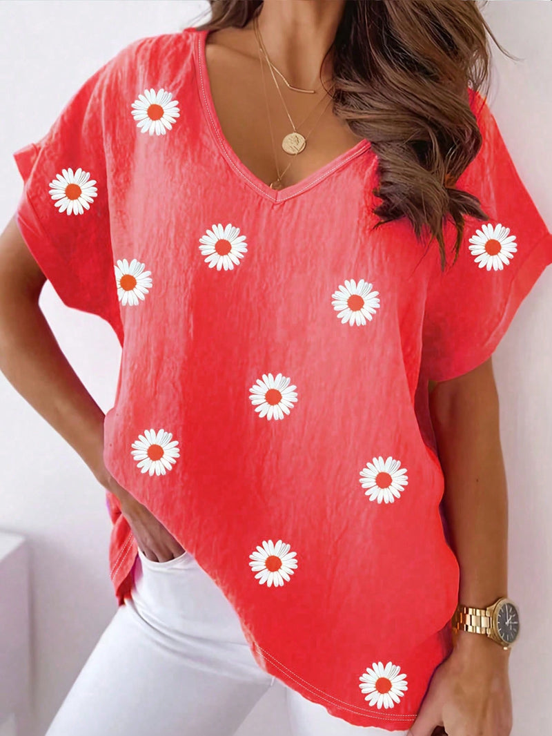 LUNE Plus Size Casual Daisy Print V-Neck T-Shirt