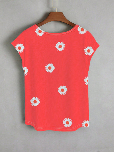 LUNE Plus Size Casual Daisy Print V-Neck T-Shirt