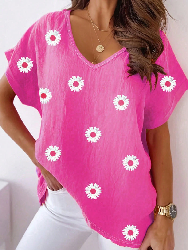 LUNE Plus Size Casual Daisy Print V-Neck T-Shirt