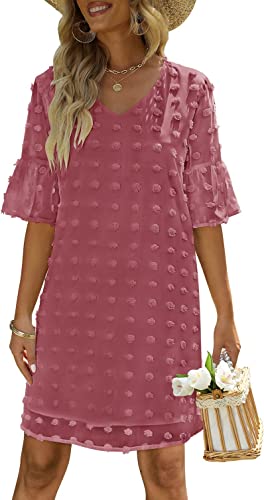 FEXIXV Womens Summer Short Sleeve V Neck Mini Dress Chiffon Swiss Dot Flowy Short Dress