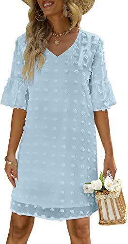 FEXIXV Womens Summer Short Sleeve V Neck Mini Dress Chiffon Swiss Dot Flowy Short Dress