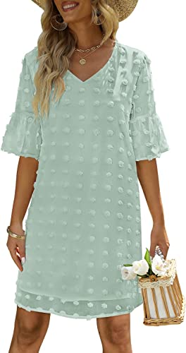 FEXIXV Womens Summer Short Sleeve V Neck Mini Dress Chiffon Swiss Dot Flowy Short Dress