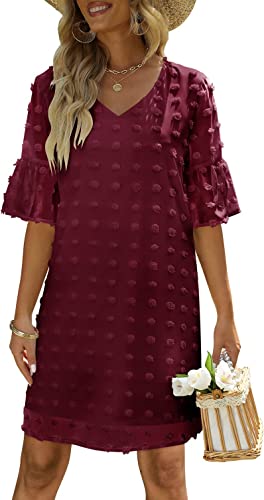 FEXIXV Womens Summer Short Sleeve V Neck Mini Dress Chiffon Swiss Dot Flowy Short Dress