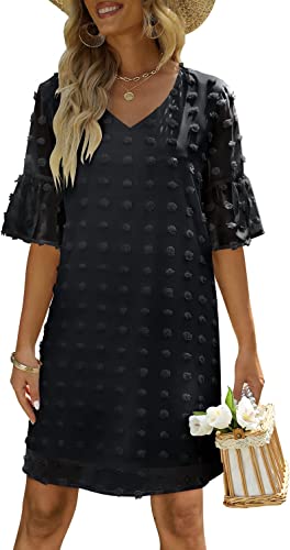 FEXIXV Womens Summer Short Sleeve V Neck Mini Dress Chiffon Swiss Dot Flowy Short Dress