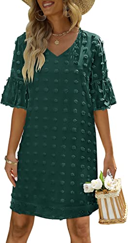 FEXIXV Womens Summer Short Sleeve V Neck Mini Dress Chiffon Swiss Dot Flowy Short Dress