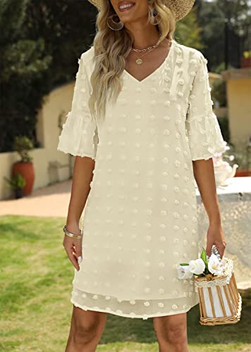 FEXIXV Womens Summer Short Sleeve V Neck Mini Dress Chiffon Swiss Dot Flowy Short Dress