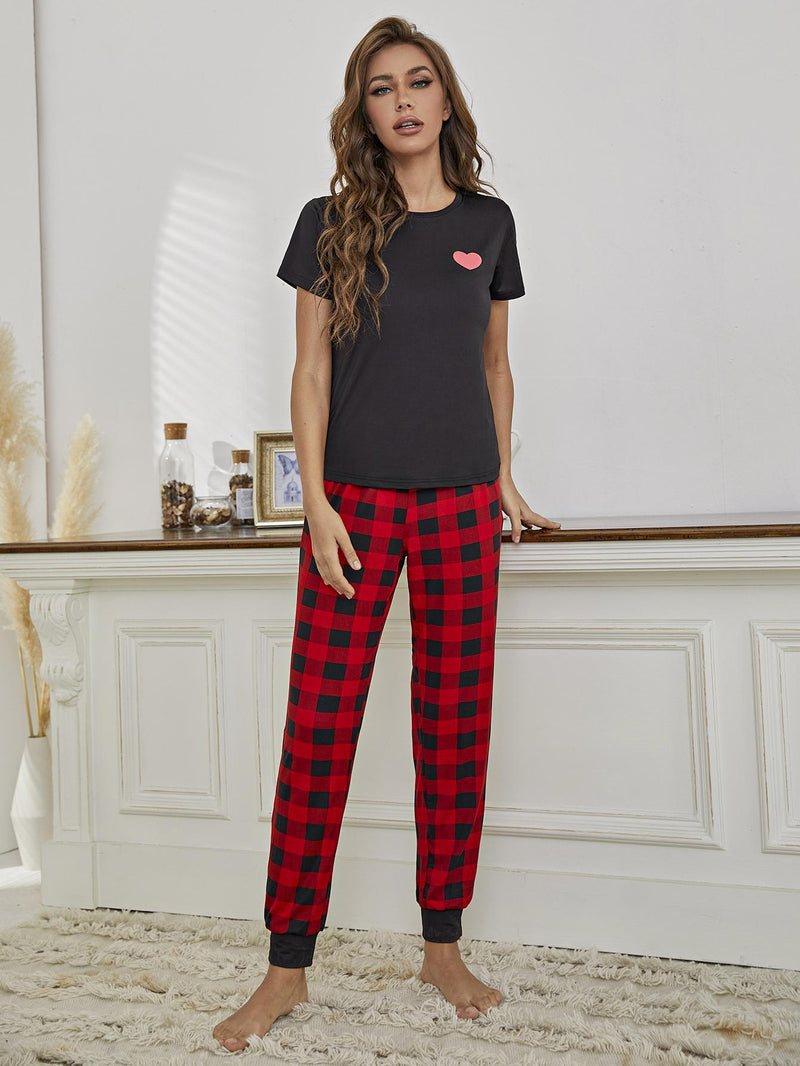 Heart Graphic Tee And Plaid Joggers