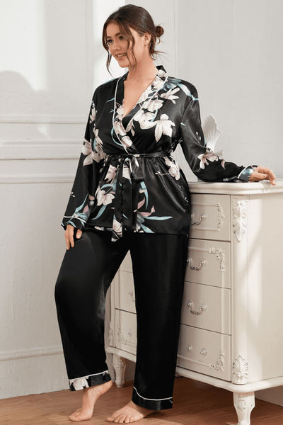 Plus Size Floral Belted Robe And Pants