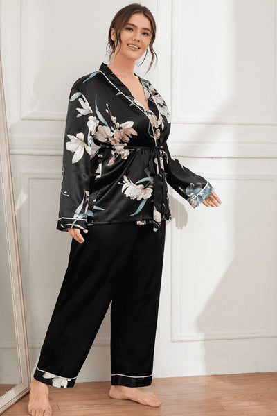 Plus Size Floral Belted Robe And Pants