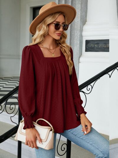 Ruched Square Neck Lantern Sleeve Blouse